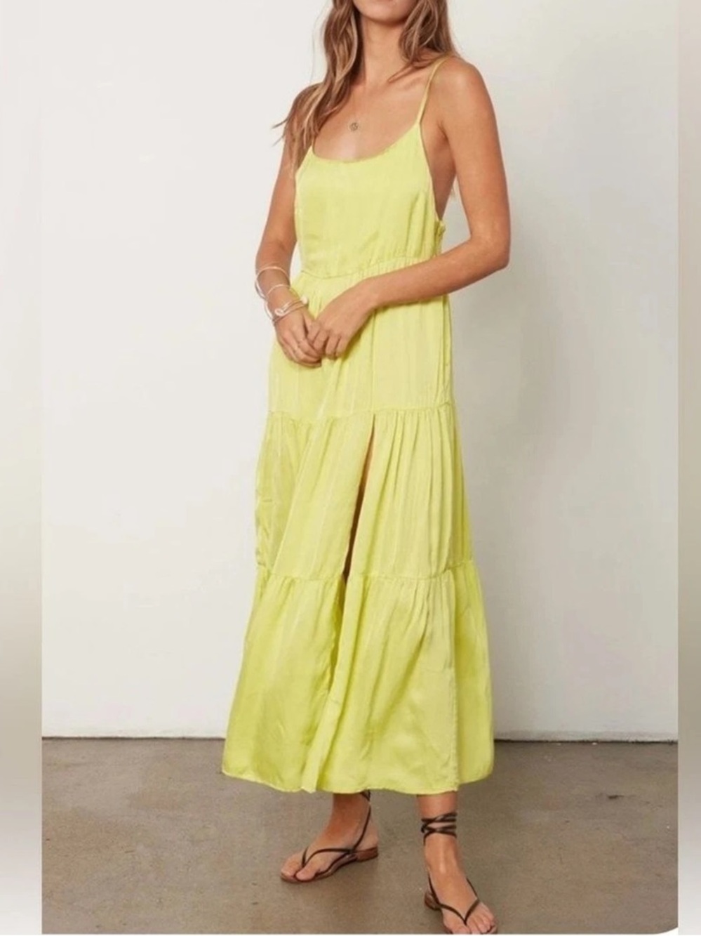 Stillwater Memz Maxi Dress Women's Medium Neon‎ Yellow Side Slit Made in USA B3